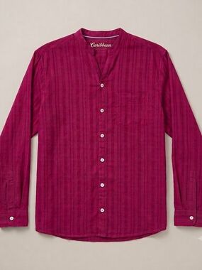 Caribbean Womens Linen Rayon Blend Blouse Top Size L Magenta Band Collar